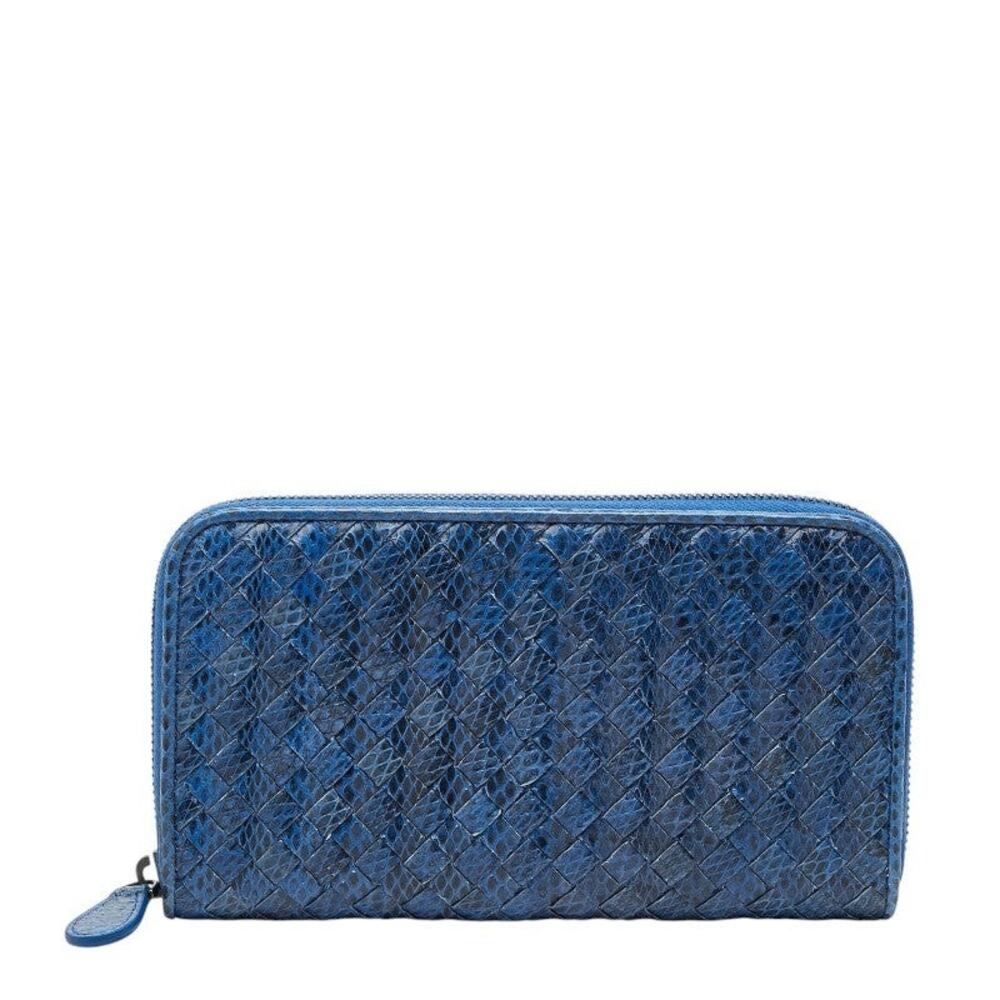 Bottega Veneta Intrecciato Round Zipper Long Wallet Exotic Python Blue